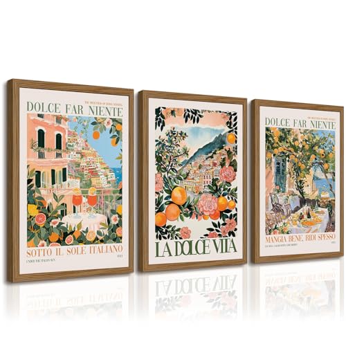 Tanmart Italy Amalfi Coast Wall Art Decor Vintage Italian City Canvas Painting Tuscan Italy Travel Landscape Poster Mediterranean Pictures Lemon Prints Beach Artwork for Kitchen Bedroom 12x16 Inch Wood Framed - Image 1
