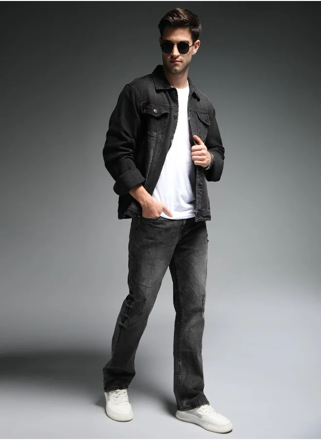 هاي ستار Men Black Solid Denim Jacket