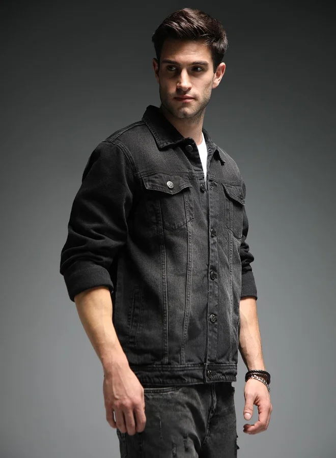 HIGH STAR Men Black Solid Denim Jacket