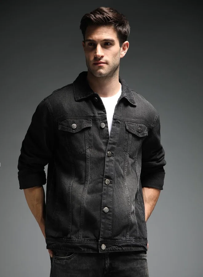HIGH STAR Men Black Solid Denim Jacket