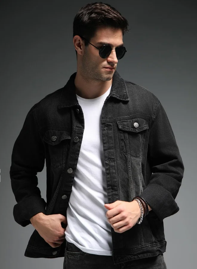 HIGH STAR Men Black Solid Denim Jacket