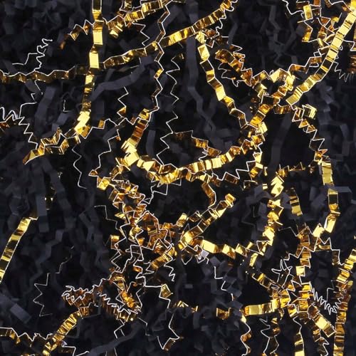 LDKGHE 4 oz Crinkle Cut Paper Shred Filler for Gift Wrapping Baskets Filling Box Birthdays Christmas Thanksgiving Easter Weddings Valentines Mother's Day Anniversaries (Black and Gold)