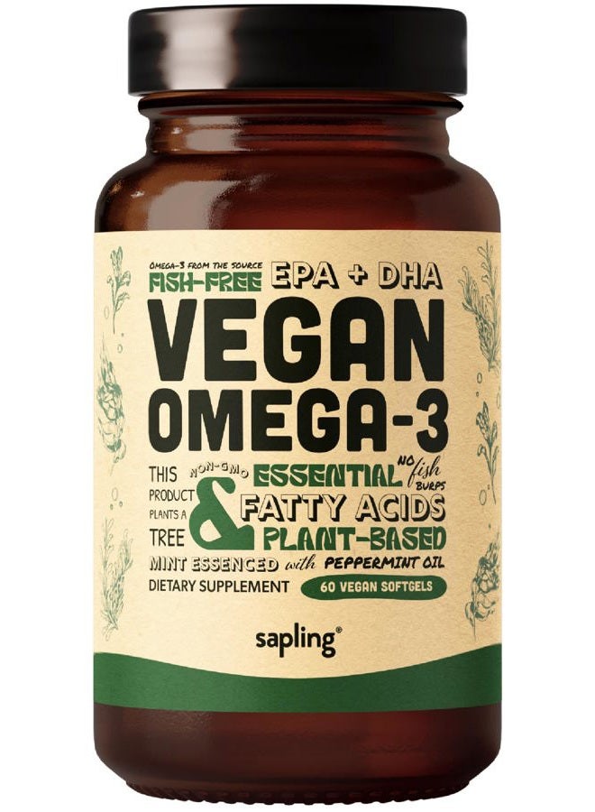 sapling Vegan Omega 3 Supplement - Plant Based DHA & EPA Fatty Acids - Carrageenan Free, Alternative to Fish Oil, Supports Heart, Brain, Joint Health - Sustainably Sourced Algae - 60 Softgels  - Image 1