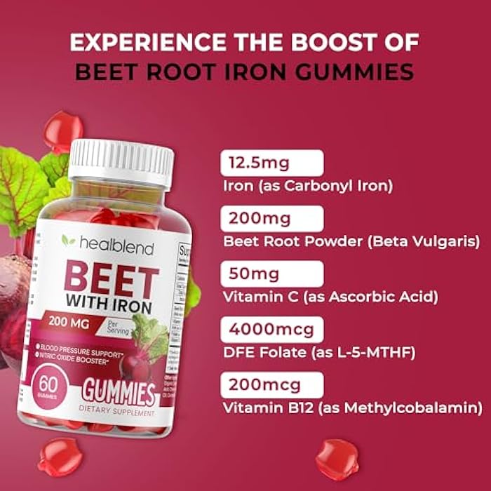 healblend Beet Root Gummies 200mg - Nitric Oxide Booster Beets with Iron for Heart Health, Circulation & Healthy Blood Pressure Support, Natural Flavored - 60 Gummy (1) - Image 2