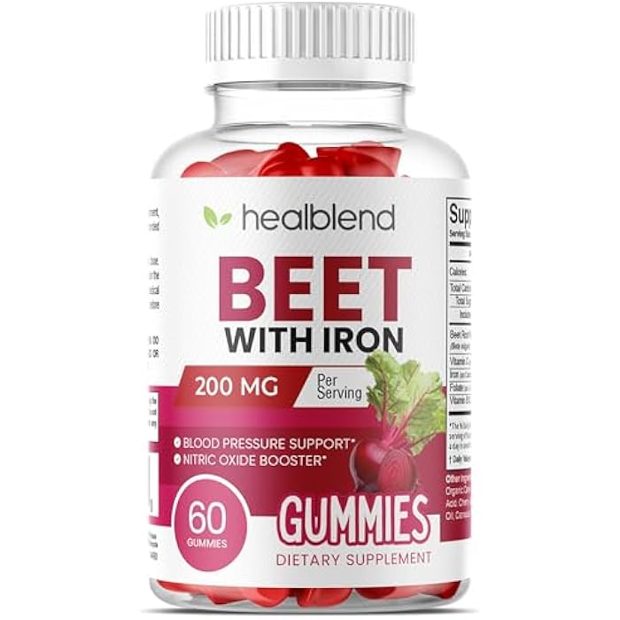 healblend Beet Root Gummies 200mg - Nitric Oxide Booster Beets with Iron for Heart Health, Circulation & Healthy Blood Pressure Support, Natural Flavored - 60 Gummy (1) - Image 1