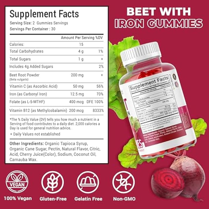 healblend Beet Root Gummies 200mg - Nitric Oxide Booster Beets with Iron for Heart Health, Circulation & Healthy Blood Pressure Support, Natural Flavored - 60 Gummy (1) - Image 3