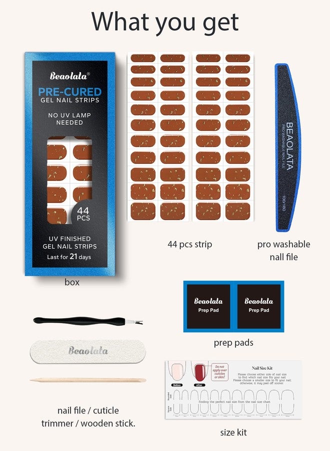 Beaolata Real Gel Nail Strips (No UV Light Needed) - 44Pcs Salon Quality Nail Stickers - Long Lasting Polish Wraps for Women, Easy Apply & Remove (Brown Metallic) - Image 5