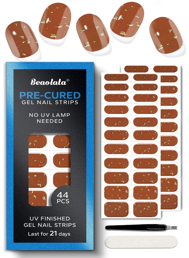 Beaolata Real Gel Nail Strips (No UV Light Needed) - 44Pcs Salon Quality Nail Stickers - Long Lasting Polish Wraps for Women, Easy Apply & Remove (Brown Metallic) - Image 1