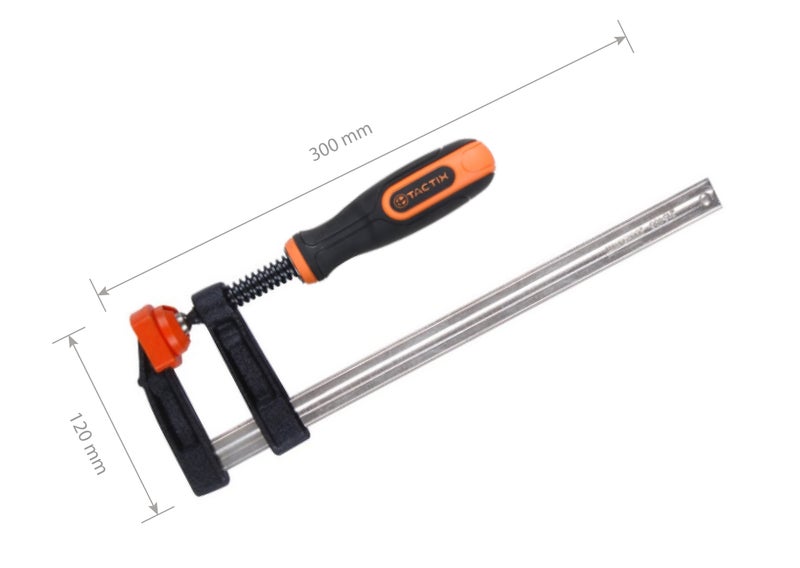 Tactix F Clamp, Steel Bar Clamp 300 x 120mm, Heavy Cast Iron Body, Non-Slip Bi-Material Handle for Woodworking, Metalworking, DIY, Back/Orange - 215427 - Image 3