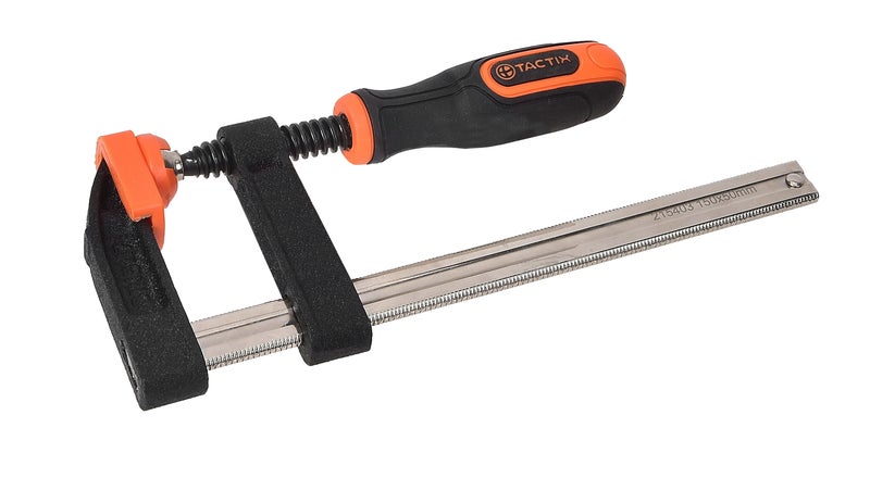 Tactix F Clamp, Steel Bar Clamp 300 x 120mm, Heavy Cast Iron Body, Non-Slip Bi-Material Handle for Woodworking, Metalworking, DIY, Back/Orange - 215427 - Image 1