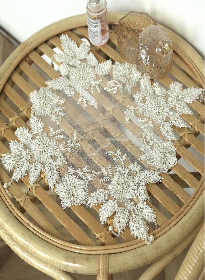 VIRFONOR Handmade Embroidery Beaded lace Doilies - Home Decor Mat for Coffee Table, Ornaments, Flower Pot, Home, Wedding Decoration(15.7’’x15.7’’, Beige) - Image 3