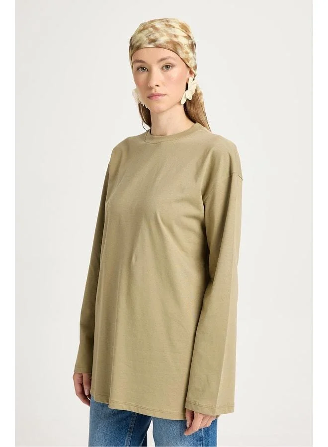 mina aise Wide Sleeve Oversize Basic T-shirt Khaki.