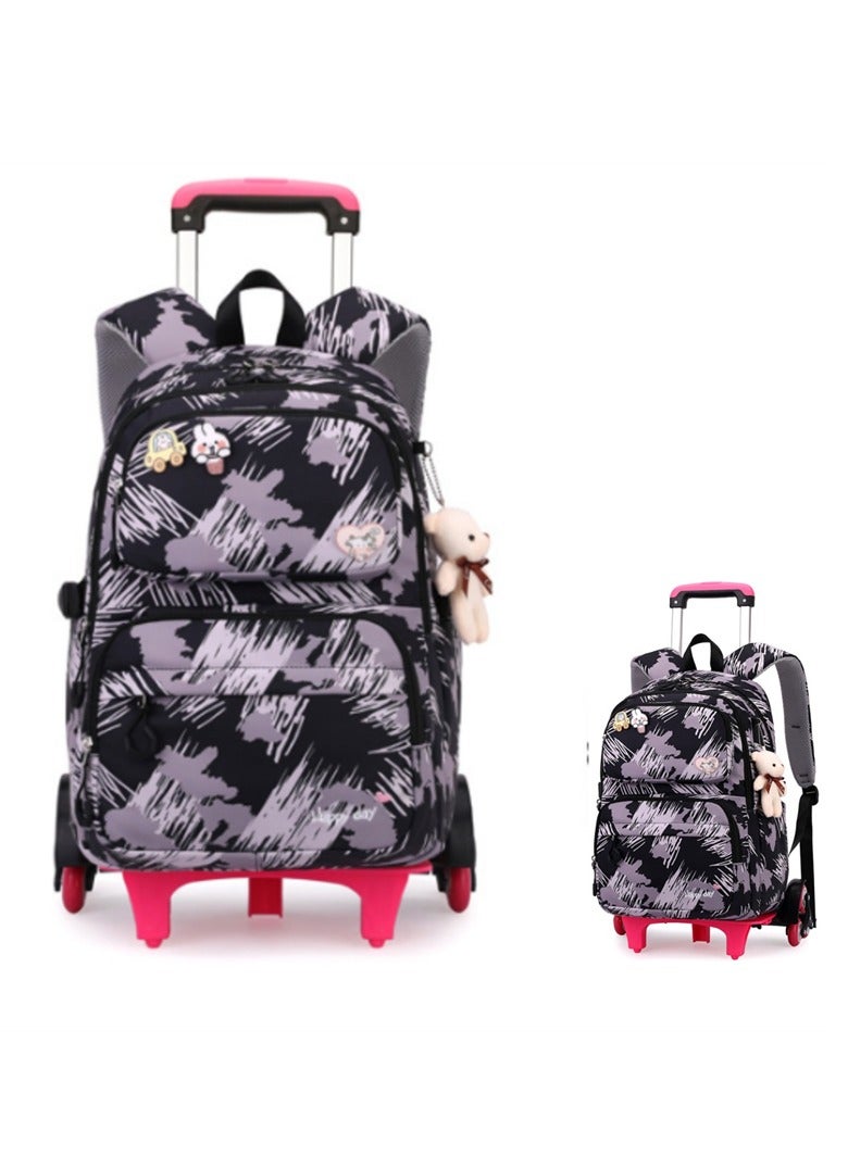 ZIRANYU حقيبة مدرسية للبنات ، حقيبة مدرسية للأطفال مع عجلات ، ووكر حقيبة مدرسية للمدارس الابتدائية والثانوية أزياء المطبوعة سحب قضيب حقيبة ( أسود - 5155 ) - Image 1