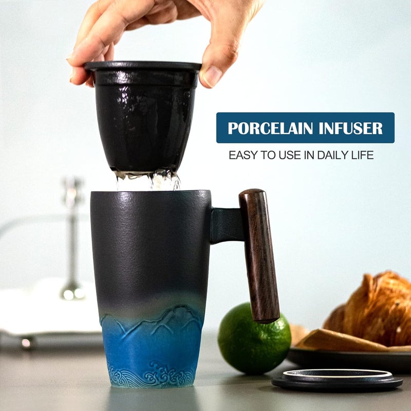 suyika Tomotime Ceramic Tea Cup with Infuser and Lid Tea Mugs Wooden Handle 400ml/13.5oz Black cyan - Image 2