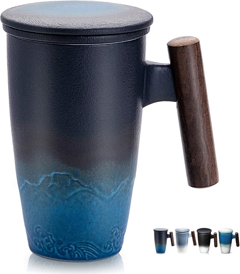 suyika Tomotime Ceramic Tea Cup with Infuser and Lid Tea Mugs Wooden Handle 400ml/13.5oz Black cyan - Image 1
