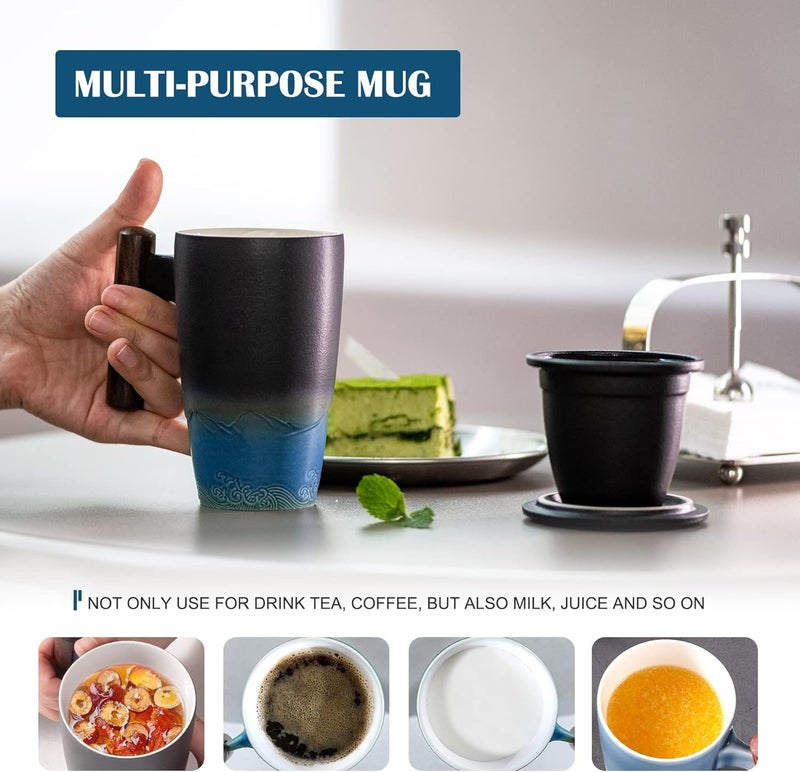 suyika Tomotime Ceramic Tea Cup with Infuser and Lid Tea Mugs Wooden Handle 400ml/13.5oz Black cyan - Image 4