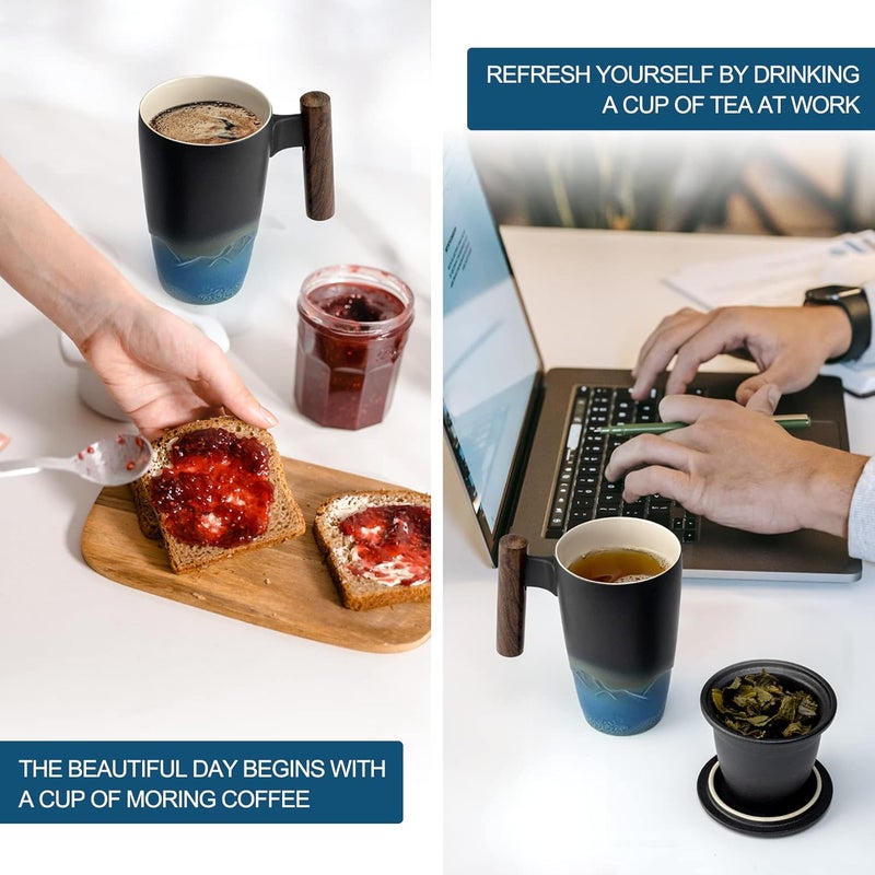 suyika Tomotime Ceramic Tea Cup with Infuser and Lid Tea Mugs Wooden Handle 400ml/13.5oz Black cyan - Image 5