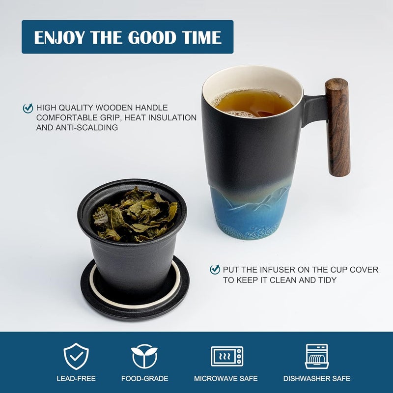 suyika Tomotime Ceramic Tea Cup with Infuser and Lid Tea Mugs Wooden Handle 400ml/13.5oz Black cyan - Image 3