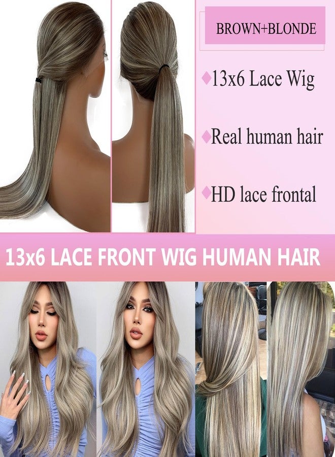 Valiilo 13x6 HD Lace Front Wig Human Hair Ombre Highlight Ash Blonde 180% Density Colored Straight Wig for Women Glueless Lace Frontal Wig Pre Plucked Dark Brown Roots Human Hair Wig 18 Inch - Image 4