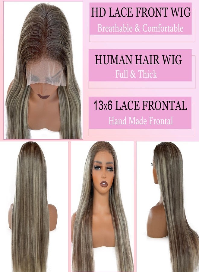 Valiilo 13x6 HD Lace Front Wig Human Hair Ombre Highlight Ash Blonde 180% Density Colored Straight Wig for Women Glueless Lace Frontal Wig Pre Plucked Dark Brown Roots Human Hair Wig 18 Inch - Image 3