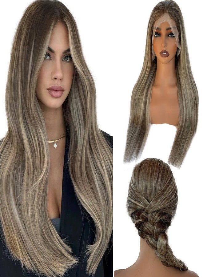 Valiilo 13x6 HD Lace Front Wig Human Hair Ombre Highlight Ash Blonde 180% Density Colored Straight Wig for Women Glueless Lace Frontal Wig Pre Plucked Dark Brown Roots Human Hair Wig 18 Inch - Image 1