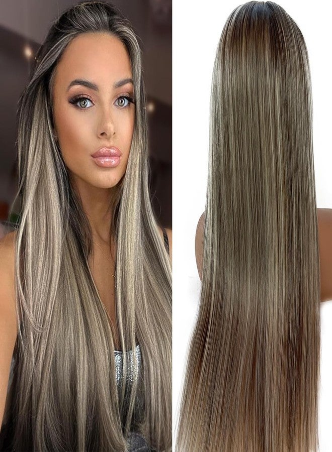 Valiilo 13x6 HD Lace Front Wig Human Hair Ombre Highlight Ash Blonde 180% Density Colored Straight Wig for Women Glueless Lace Frontal Wig Pre Plucked Dark Brown Roots Human Hair Wig 18 Inch - Image 2