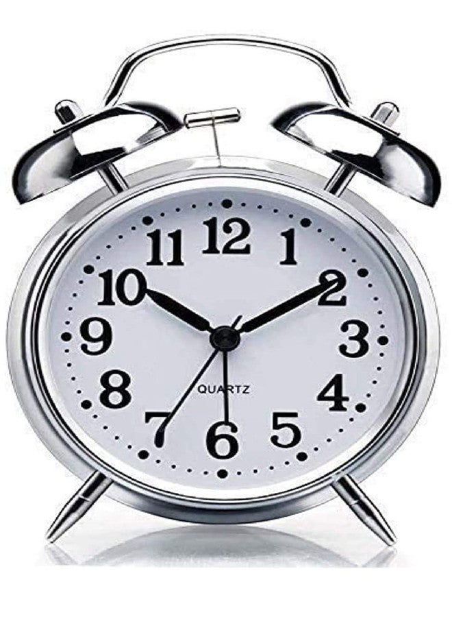 PRAHAJ Upgraded Version - Silver Twin Bell Table Alarm Clock for Heavy Sleepers Non Ticking Wind Up Clock with Night LED Light and Loud Alarm - Image 1