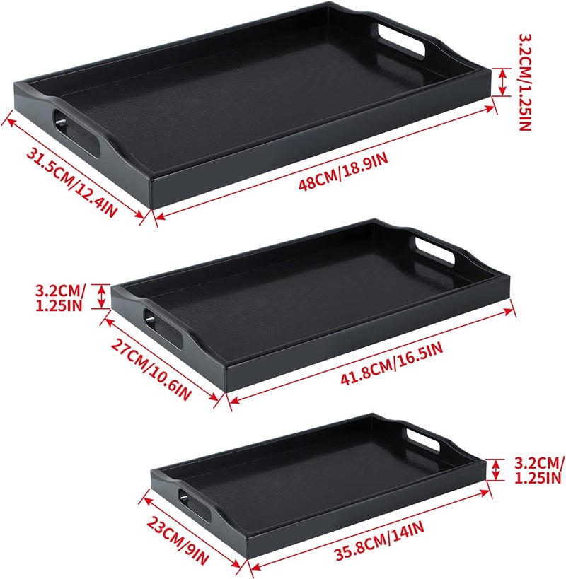 MDLUU Set of 3 Plastic Serving Tray, Ottoman Tray with Cutout Handles, Rectangle Butler Tray for Breakfast in Bed, Coffee Table, Kitchen Countertop (Black) - Image 3