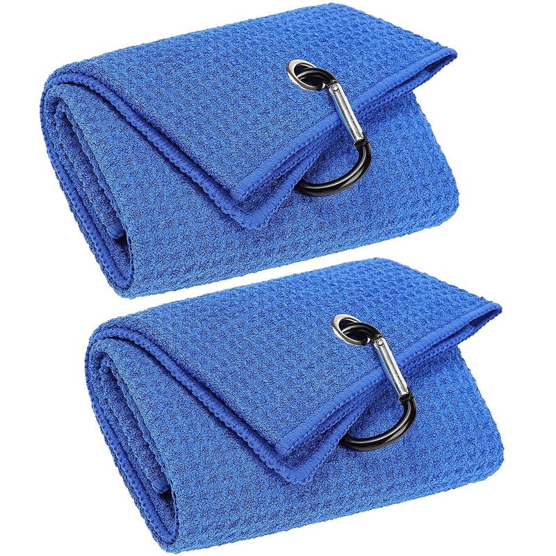 VIVIDLY VIVIDLY 2 Pack Trifold Golf Towels Premium Microfiber Fabric Waffle Pattern with Black Heavy Duty Carabiner Clip Blue Golf Towels for Golf Bags for Men Blue