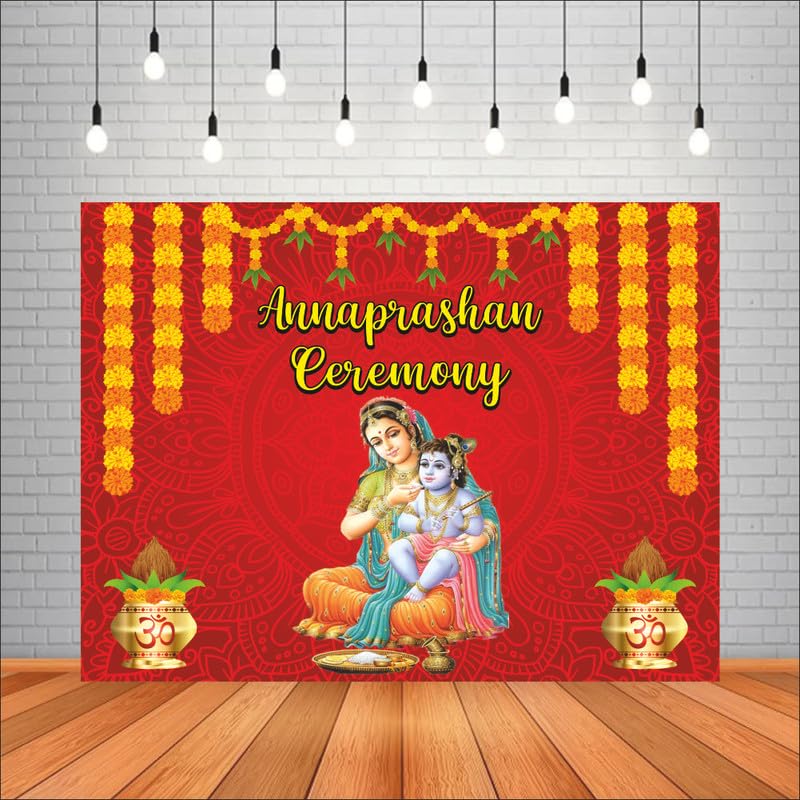 Party Baazaar Annaprashan Banner | Backdrop Cloth for First Rice Ceremony Decoration (Pack of 1, Multicolor, Size: 5X4 Feet, Red) - Image 1