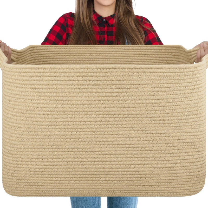 OIASKET 118L Extra Large Blanket Basket, 24.8"x17.7"x16.2" Woven Rope Baskets for Storage, Nursery Blanket Storage for Living Room, Toy Basket with Handle Organizing Comforter Cushions Pillows, Jute - Image 1