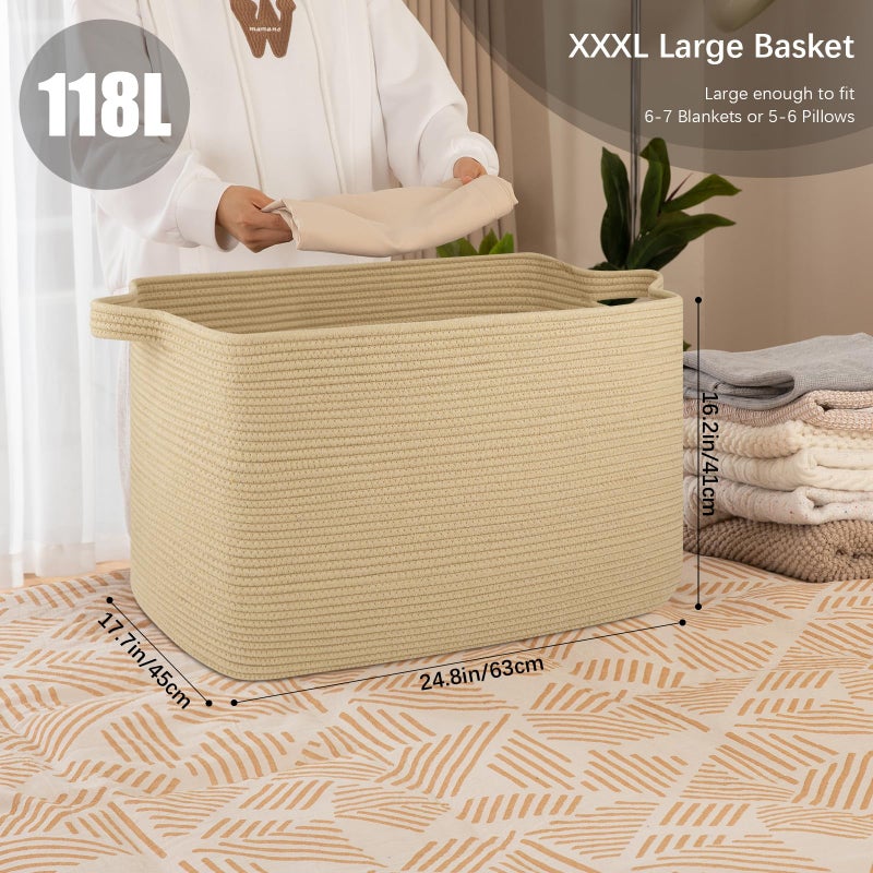 OIASKET 118L Extra Large Blanket Basket, 24.8"x17.7"x16.2" Woven Rope Baskets for Storage, Nursery Blanket Storage for Living Room, Toy Basket with Handle Organizing Comforter Cushions Pillows, Jute - Image 2