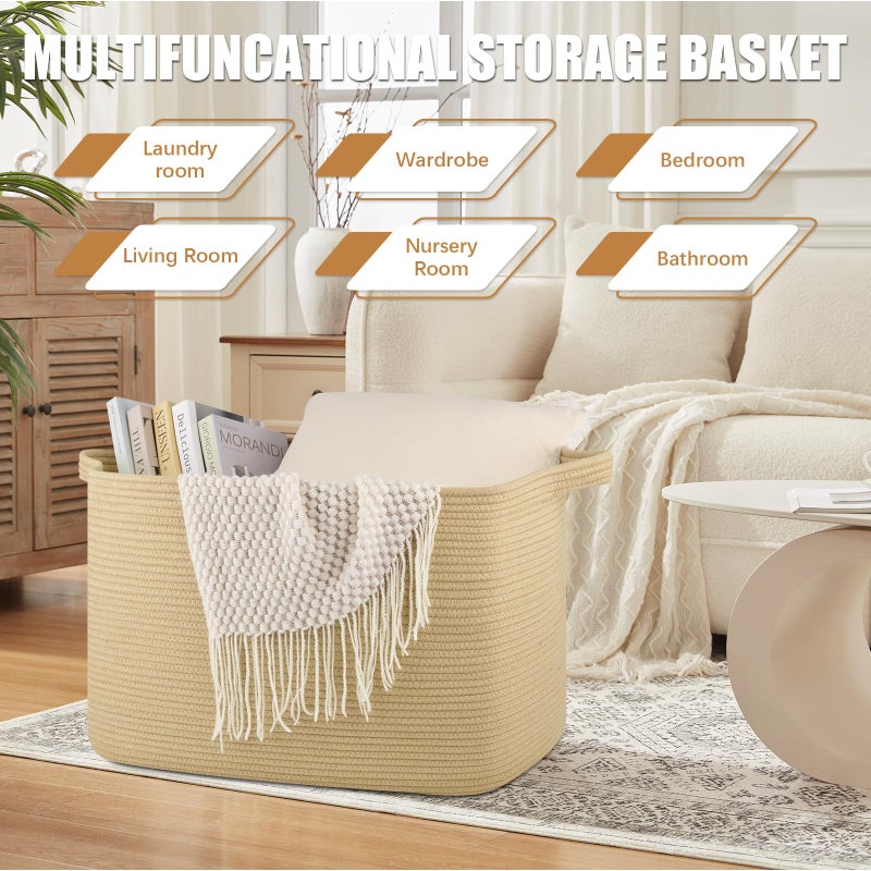 OIASKET 118L Extra Large Blanket Basket, 24.8"x17.7"x16.2" Woven Rope Baskets for Storage, Nursery Blanket Storage for Living Room, Toy Basket with Handle Organizing Comforter Cushions Pillows, Jute - Image 3