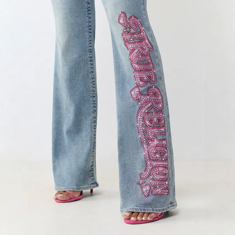 Women's Washed Denim Jeans with Rhinestone Detail - Image 3