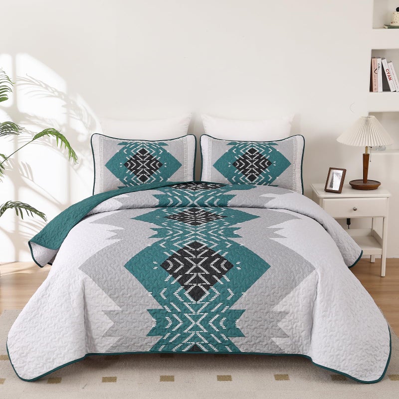 Dintszyayue Teal Boho Quilt Set Queen 3 Pieces Turquoise Aztec Texture Bedspread Coverlet Set with 2 Pillowcases Soft Lightweight Microfiber Bohemian Quilt Bedding Set for All Season 90"x96" - Image 1