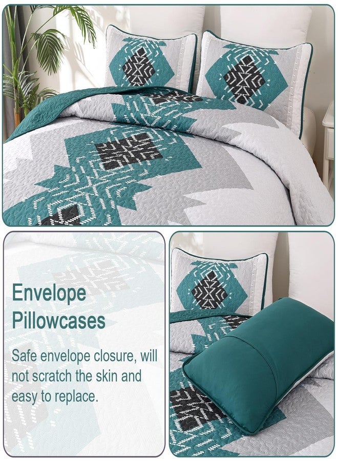 Dintszyayue Teal Boho Quilt Set Queen 3 Pieces Turquoise Aztec Texture Bedspread Coverlet Set with 2 Pillowcases Soft Lightweight Microfiber Bohemian Quilt Bedding Set for All Season 90"x96" - Image 4