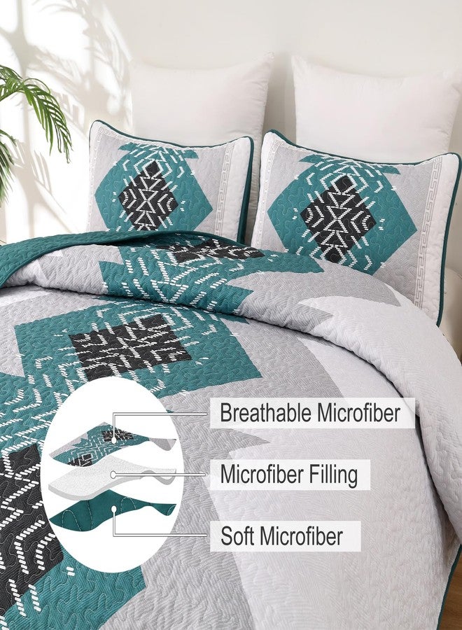 Dintszyayue Teal Boho Quilt Set Queen 3 Pieces Turquoise Aztec Texture Bedspread Coverlet Set with 2 Pillowcases Soft Lightweight Microfiber Bohemian Quilt Bedding Set for All Season 90"x96" - Image 5