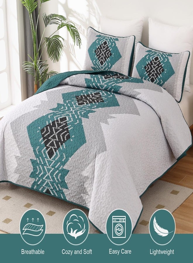 Dintszyayue Teal Boho Quilt Set Queen 3 Pieces Turquoise Aztec Texture Bedspread Coverlet Set with 2 Pillowcases Soft Lightweight Microfiber Bohemian Quilt Bedding Set for All Season 90"x96" - Image 2