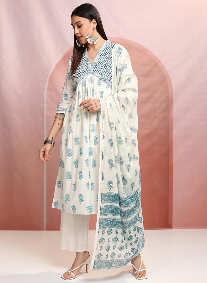 فيشود فيشודה طقم كورتا قطن بطبعة زهور زرقاء للنساء - Image 4