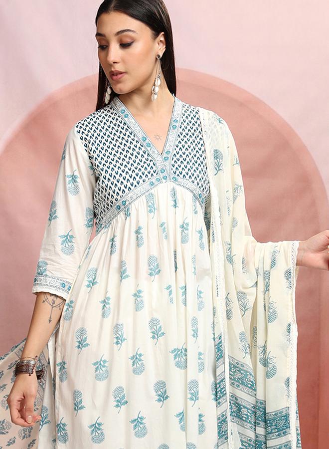 فيشود فيشודה طقم كورتا قطن بطبعة زهور زرقاء للنساء - Image 1