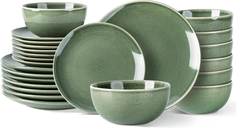 AmorArc Ceramic Dinnerware Sets for 8 24 Pieces Handpainted Plates and Bowls Set Scratch Resistant Stoneware Dishes Set Dishwasher  Microwave Safe Jade Green - Image 1