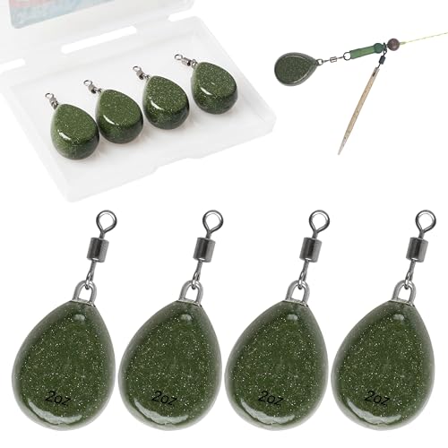 FUSIGO Carp Fishing Weights Sinkers 2oz 4pcs Coated Flat Pear Fishing Sinker Weight with Swivels Carp Coarse Fishing Gear Tackle Green - Image 1