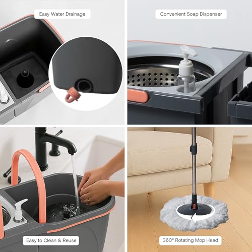 BonKaso Twin Spin Mop Set | 1 Bucket, 1 Handle & 2 Microfiber Mop Heads with Stainless Steel Wringer | 360° Easy Floor Cleaning for Home & Office - Image 4