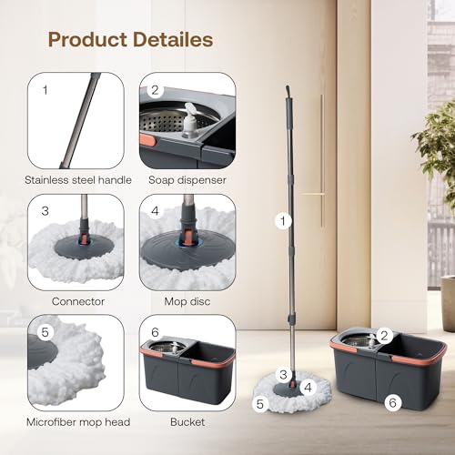 BonKaso Twin Spin Mop Set | 1 Bucket, 1 Handle & 2 Microfiber Mop Heads with Stainless Steel Wringer | 360° Easy Floor Cleaning for Home & Office - Image 5