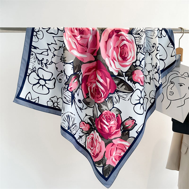Rose Scarf Women's Twill Large Square Scarf All-match Decorative Shawl Autumn and Winter Scarf Color Matching Fashion Scarf Sunscreen  - Image 2