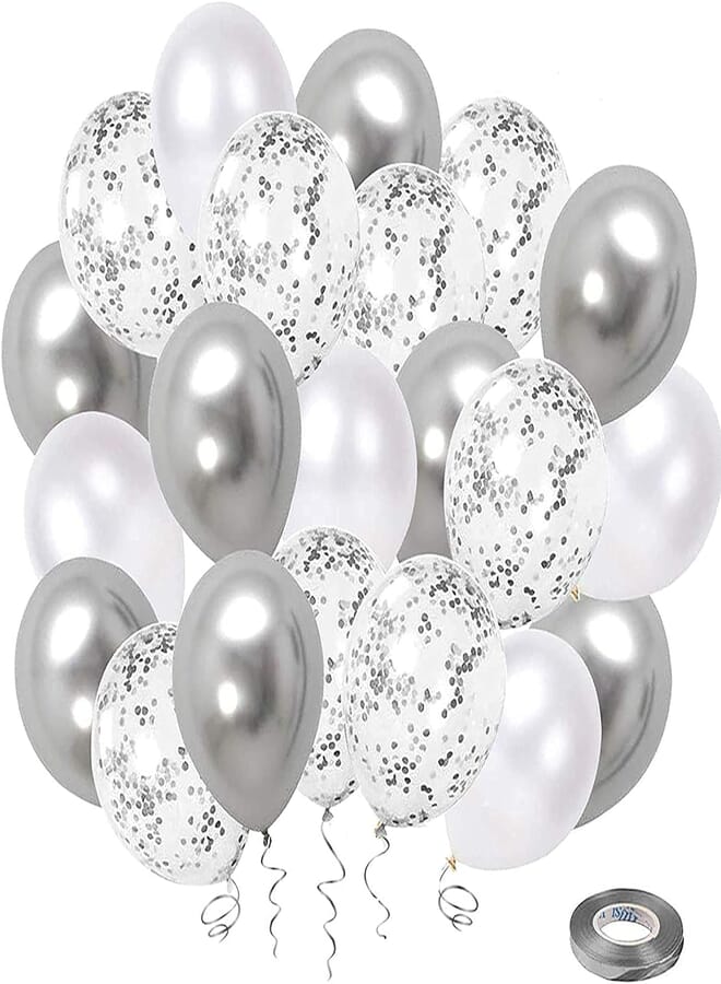 Secret White Silver Confetti Latex Balloons, 50 Pack 12inch Silver Metallic Chrome Party Balloon Set with Silver Ribbon for Wedding Birthday Baby Shower Decorations , 2725610182424