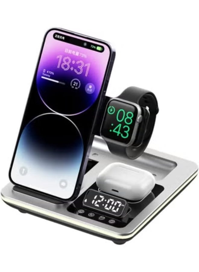 إتش إكس دي زومليون محطة شحن لاسلكية 5 في 1 – حامل شحن سريع للهاتف وساعة iWatch وسماعات AirPods، قاعدة شحن Qi متعددة الأجهزة مع منبه وإضاءة LED (فضي) - Image 1