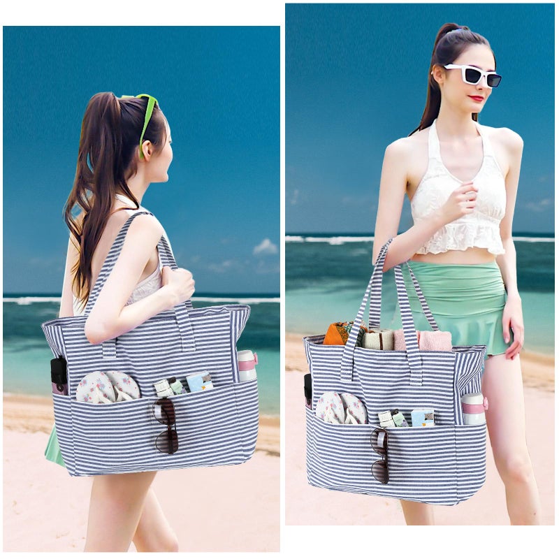 LEDAOU Large Beach Tote Bag Women Sandproof Zipper Beach Tote Bag for Pool Gym Grocery Travel with Wet Pocket - Image 2