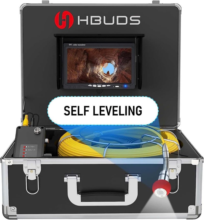 HBUDS Sewer Camera SelfLeveling Drain Pipe Cameras with Meter Counter 12V 4500mAh Battery Plumbing Snake Camera Light 7 Color HD Duct Chimney Inspection DVR Recorder 16GB 7D3A165ft