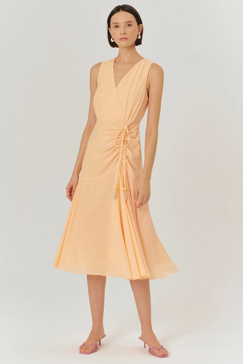 EXQUISE V-Neck Sleeveless Ruched Detail Regular Midi Length Dress